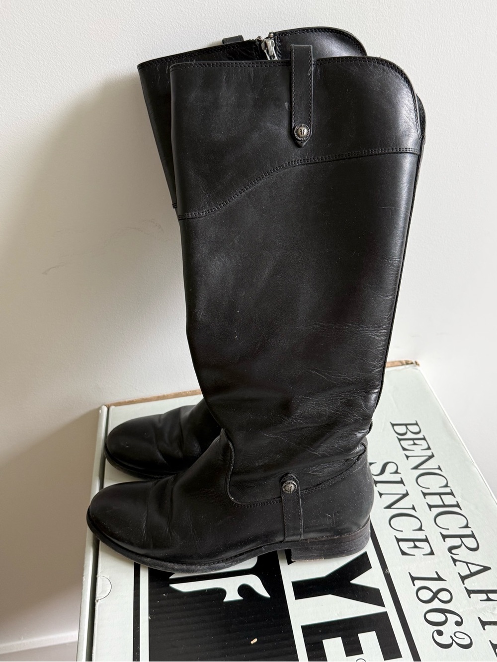Frye Melissa Tab Tall Black Leather Riding Boots - Extended Calf